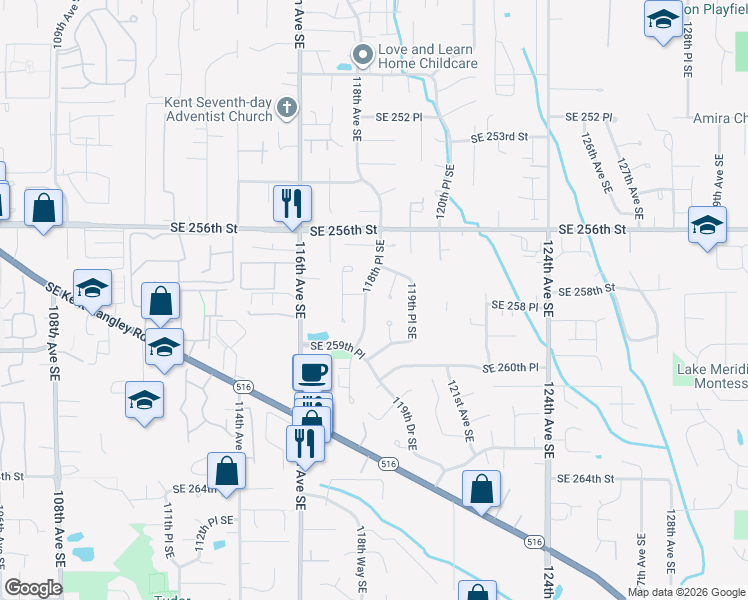 map of restaurants, bars, coffee shops, grocery stores, and more near 25823 118th Place Southeast in Kent
