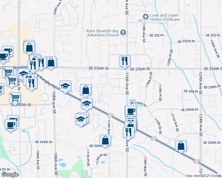 map of restaurants, bars, coffee shops, grocery stores, and more near 11430 Southeast 259th Street in Kent