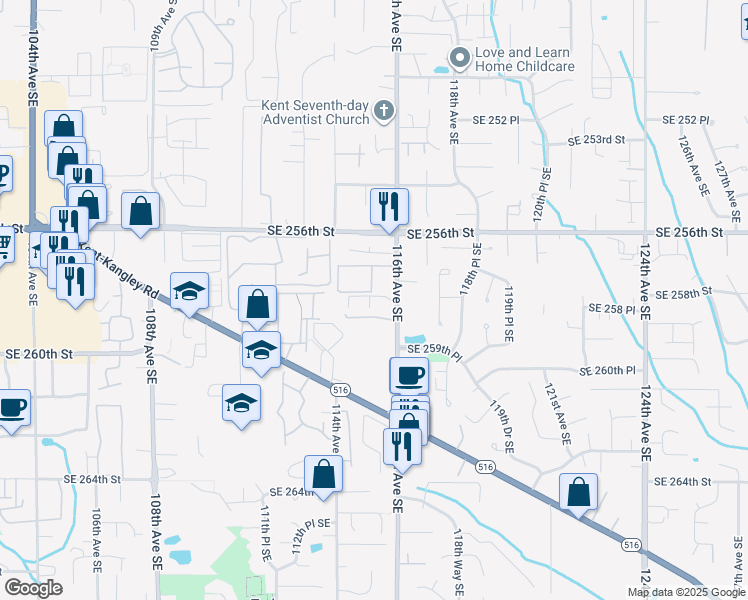 map of restaurants, bars, coffee shops, grocery stores, and more near 11515 Southeast 258th Street in Kent