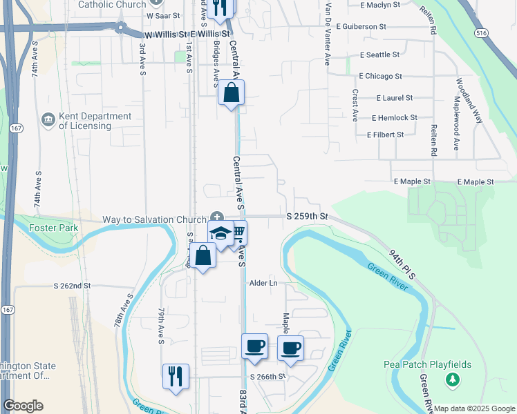 map of restaurants, bars, coffee shops, grocery stores, and more near 8323 South 259th Street in Kent