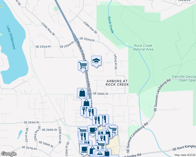map of restaurants, bars, coffee shops, grocery stores, and more near 24028 Southeast 258th Way in Maple Valley