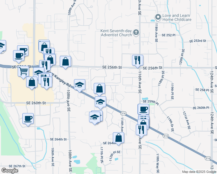 map of restaurants, bars, coffee shops, grocery stores, and more near 11247 Southeast 258th Place in Kent