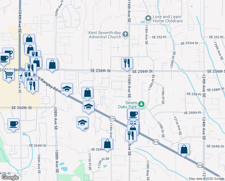 map of restaurants, bars, coffee shops, grocery stores, and more near 25803 114th Place Southeast in Kent