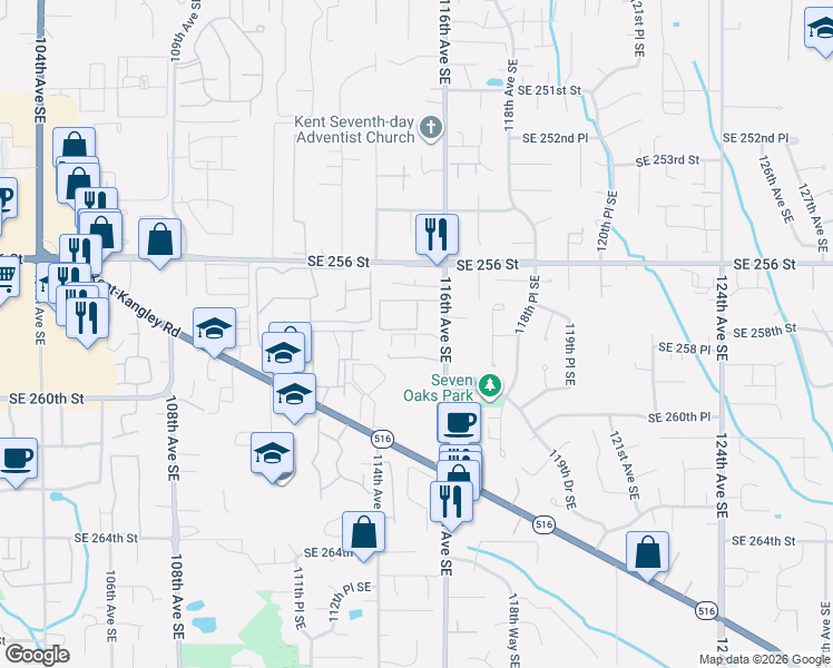 map of restaurants, bars, coffee shops, grocery stores, and more near 11430 Southeast 259th Street in Kent