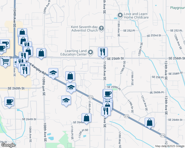 map of restaurants, bars, coffee shops, grocery stores, and more near 25801 114th Place Southeast in Kent