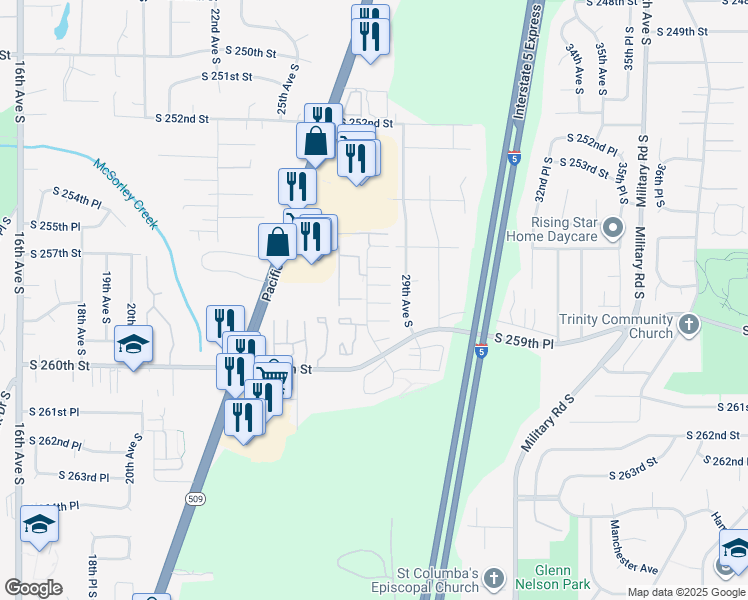 map of restaurants, bars, coffee shops, grocery stores, and more near 2703 South 258th Place in Kent