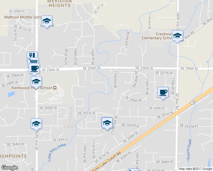 map of restaurants, bars, coffee shops, grocery stores, and more near Southeast 257th Place in Covington