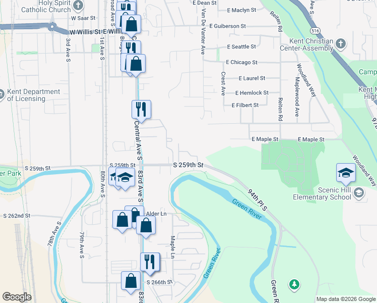map of restaurants, bars, coffee shops, grocery stores, and more near 8726 South 258th Place in Kent
