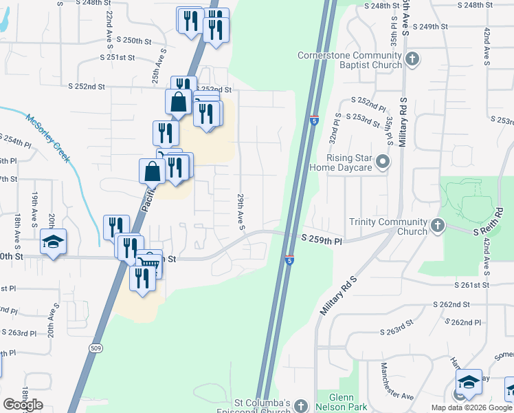map of restaurants, bars, coffee shops, grocery stores, and more near 25620 30th Avenue South in Kent