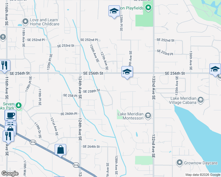 map of restaurants, bars, coffee shops, grocery stores, and more near 12708 Southeast 258th Street in Kent