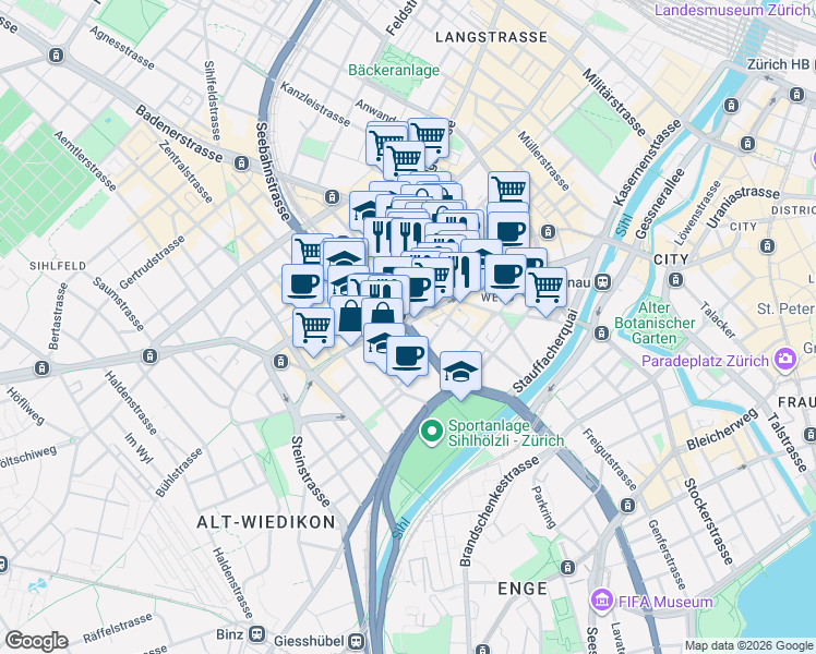 map of restaurants, bars, coffee shops, grocery stores, and more near 3 in Zurich