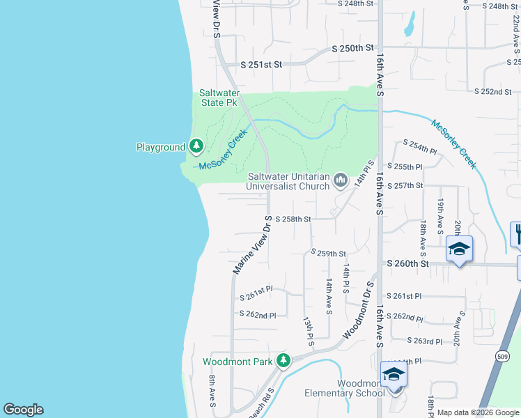 map of restaurants, bars, coffee shops, grocery stores, and more near 25641 Marine View Drive South in Des Moines