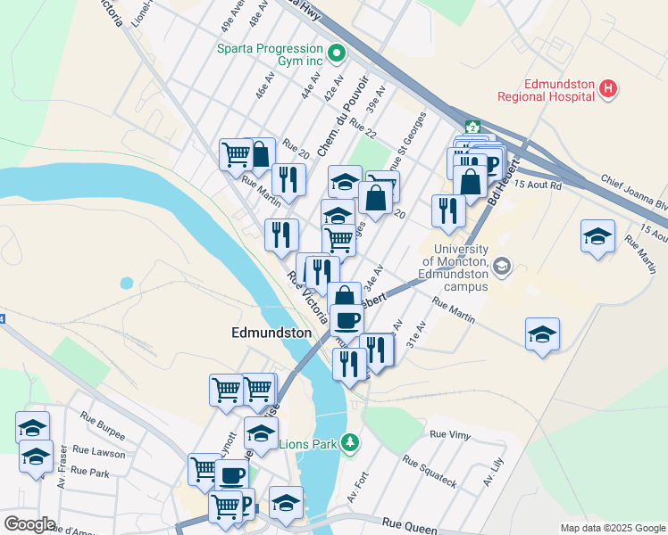 map of restaurants, bars, coffee shops, grocery stores, and more near 30 Avenue Saint Georges in Edmundston