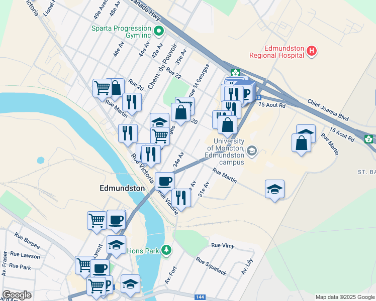 map of restaurants, bars, coffee shops, grocery stores, and more near 135 Rue Martin in Edmundston