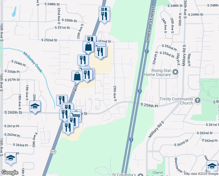 map of restaurants, bars, coffee shops, grocery stores, and more near 2703 South 256th Place in Kent