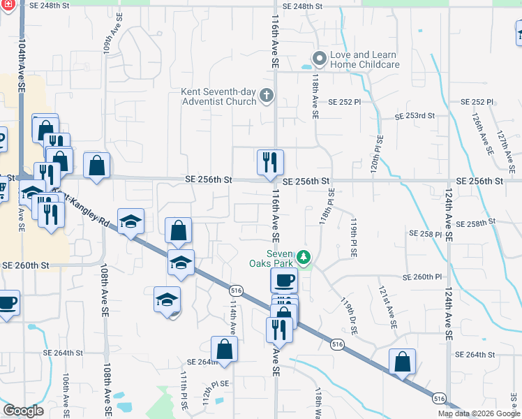 map of restaurants, bars, coffee shops, grocery stores, and more near 25730 115th Avenue Southeast in Kent
