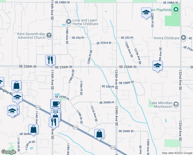 map of restaurants, bars, coffee shops, grocery stores, and more near 12033 Southeast 256th Street in Kent