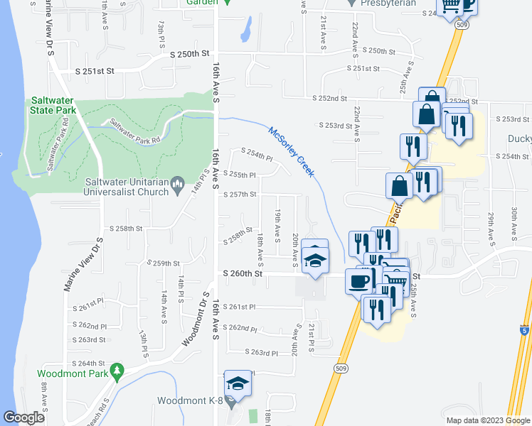 map of restaurants, bars, coffee shops, grocery stores, and more near 25726 18th Avenue South in Des Moines