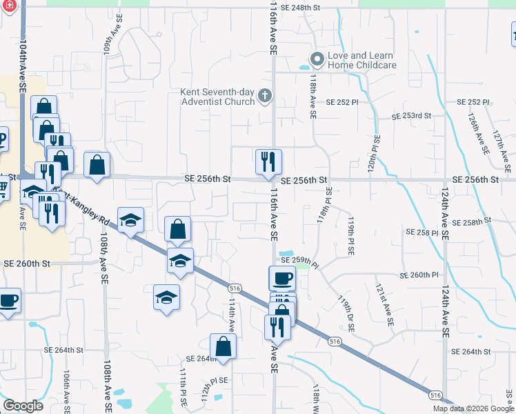 map of restaurants, bars, coffee shops, grocery stores, and more near 11424 Southeast 257th Place in Kent