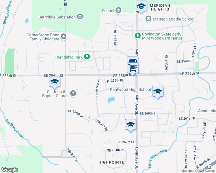 map of restaurants, bars, coffee shops, grocery stores, and more near 16106 Southeast 258th Street in Covington