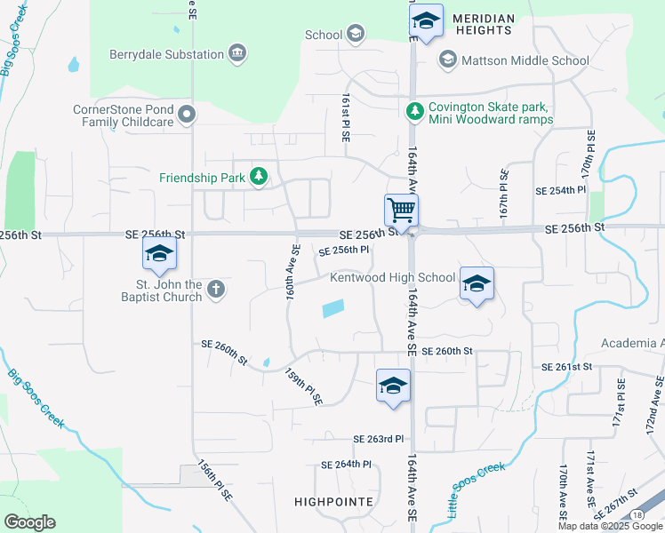 map of restaurants, bars, coffee shops, grocery stores, and more near 16106 Southeast 258th Street in Covington