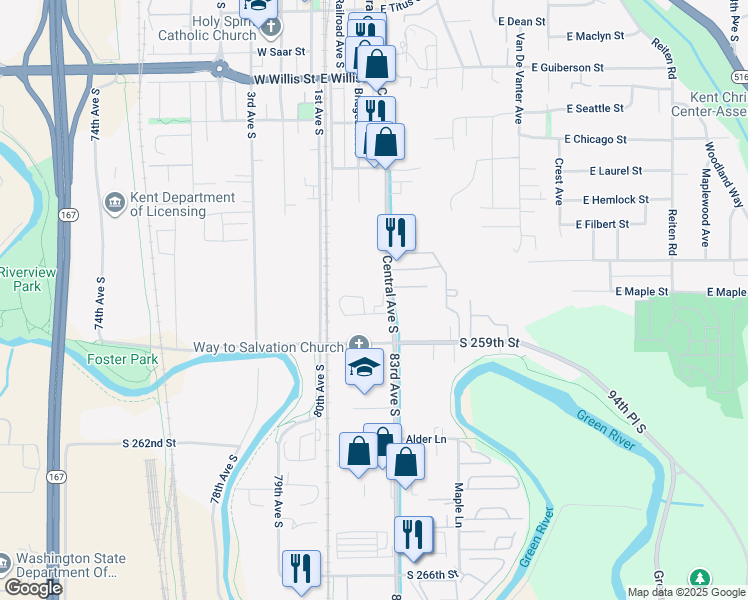 map of restaurants, bars, coffee shops, grocery stores, and more near 917 Central Avenue South in Kent
