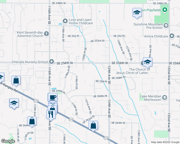 map of restaurants, bars, coffee shops, grocery stores, and more near 12033 Southeast 256th Street in Kent