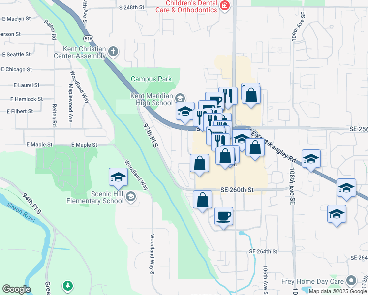 map of restaurants, bars, coffee shops, grocery stores, and more near 25624 100th Place Southeast in Kent