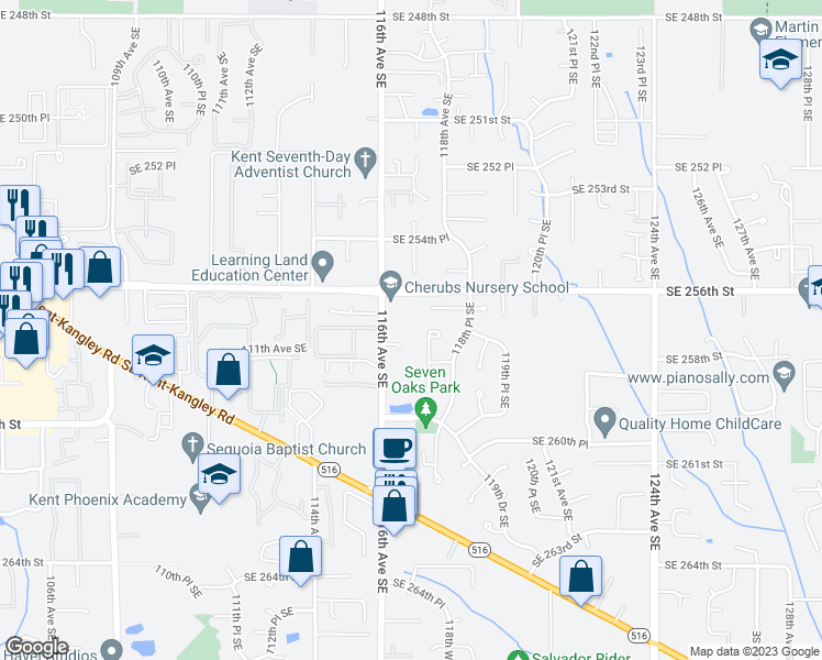 map of restaurants, bars, coffee shops, grocery stores, and more near 11631 Southeast 256th Street in Kent