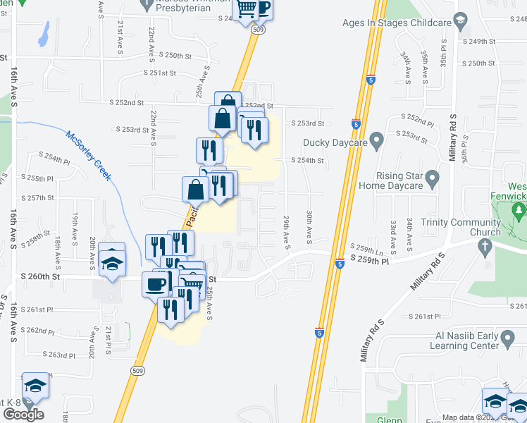 map of restaurants, bars, coffee shops, grocery stores, and more near 2703 South 256th Place in Kent