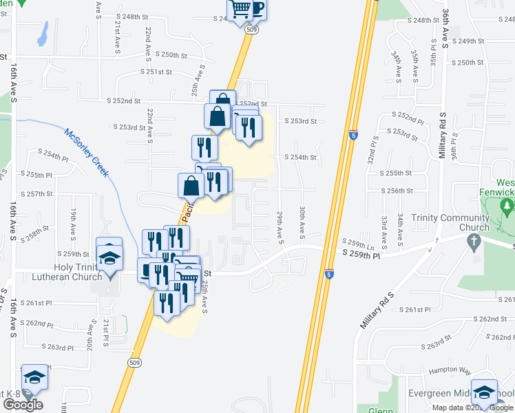 map of restaurants, bars, coffee shops, grocery stores, and more near 2703 South 256th Place in Kent