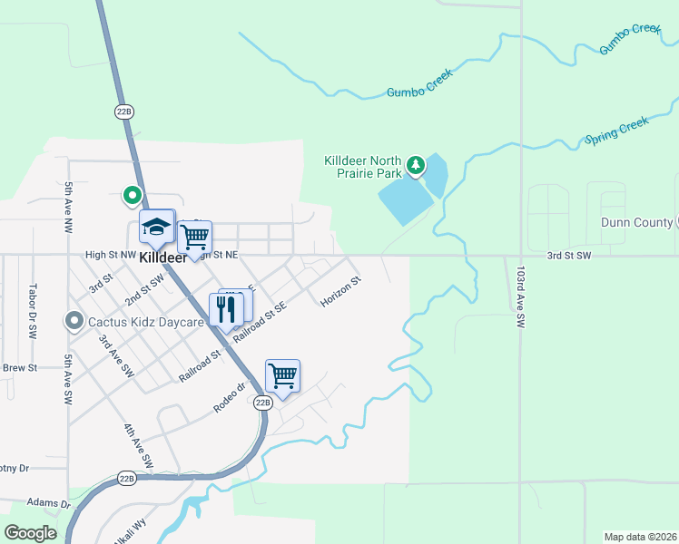 map of restaurants, bars, coffee shops, grocery stores, and more near 527-587 Railroad Street Southeast in Killdeer