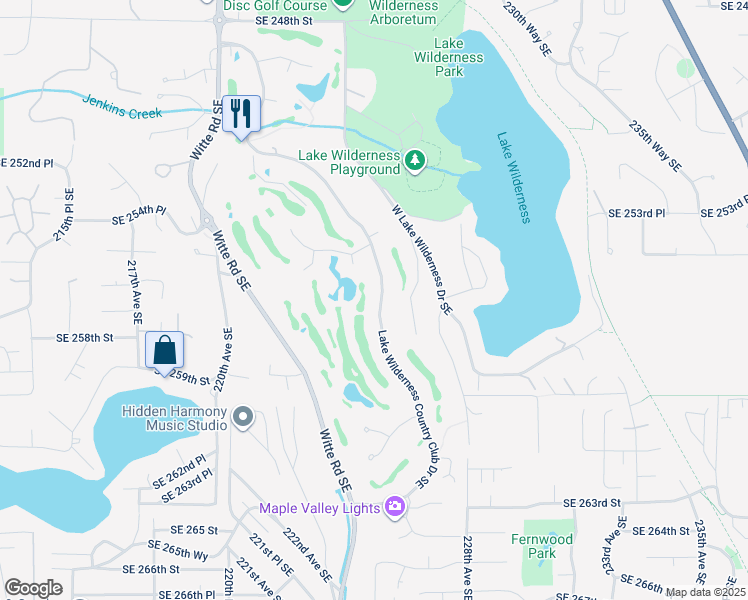 map of restaurants, bars, coffee shops, grocery stores, and more near 25625 Lake Wilderness Country Club Drive Southeast in Maple Valley