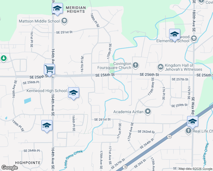 map of restaurants, bars, coffee shops, grocery stores, and more near 16926 Southeast 257th Place in Covington