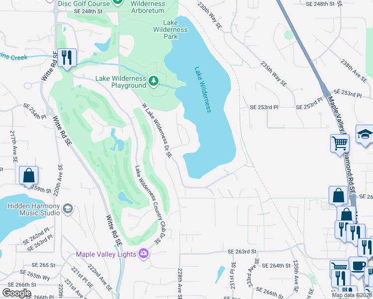 map of restaurants, bars, coffee shops, grocery stores, and more near 25624 Lake Wilderness Lane Southeast in Maple Valley