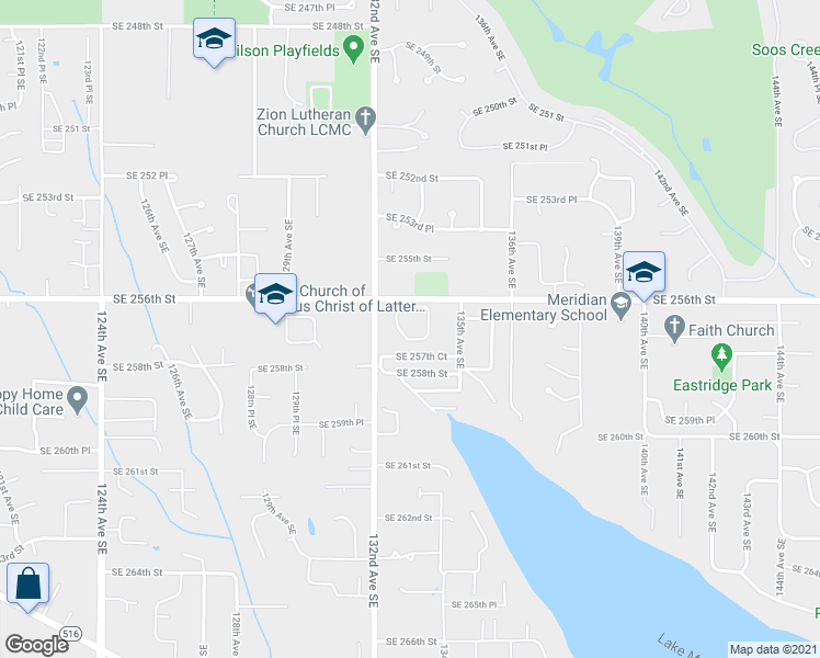 map of restaurants, bars, coffee shops, grocery stores, and more near 13227 Southeast 256th Street in Kent