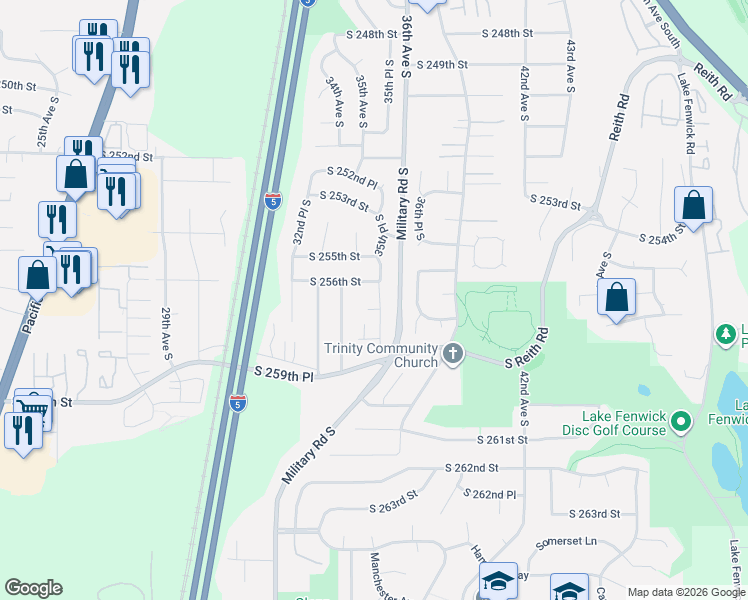 map of restaurants, bars, coffee shops, grocery stores, and more near 3506 South 257th Street in Kent