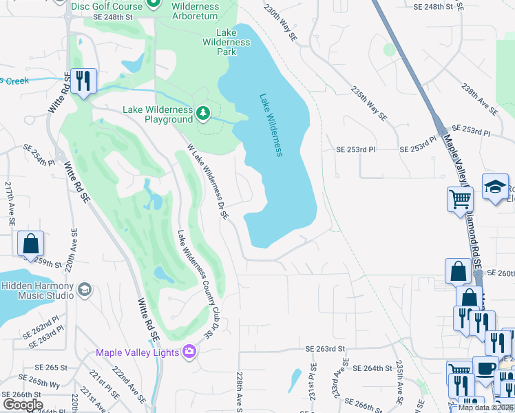map of restaurants, bars, coffee shops, grocery stores, and more near 25624 Lake Wilderness Lane Southeast in Maple Valley