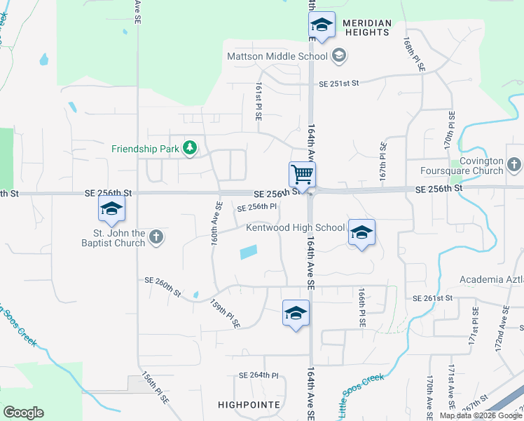 map of restaurants, bars, coffee shops, grocery stores, and more near 16127 Southeast 256th Place in Covington