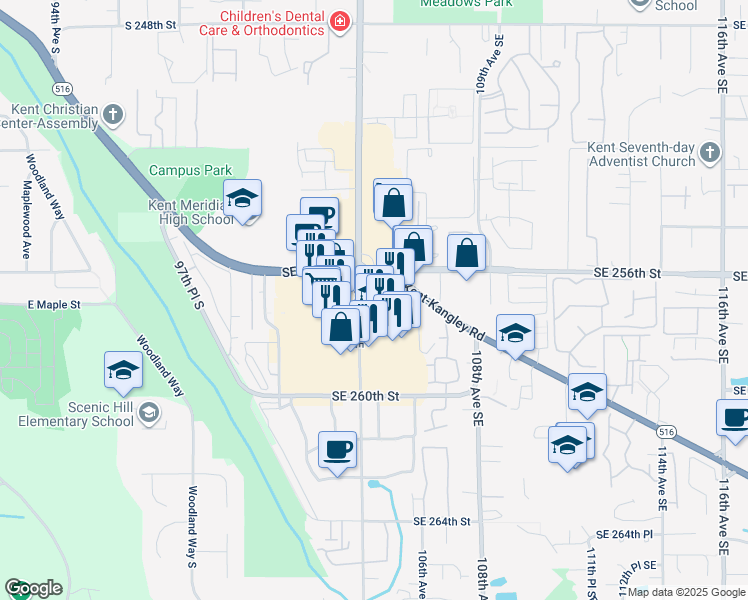 map of restaurants, bars, coffee shops, grocery stores, and more near 25638 104th Avenue Southeast in Kent