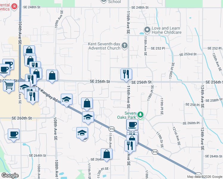 map of restaurants, bars, coffee shops, grocery stores, and more near 11409 Southeast 256th Place in Kent