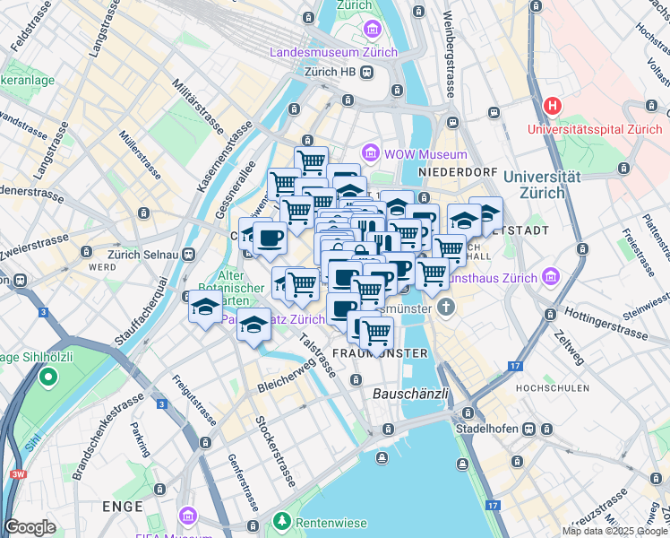 map of restaurants, bars, coffee shops, grocery stores, and more near 42 Bahnhofstrasse in Zürich