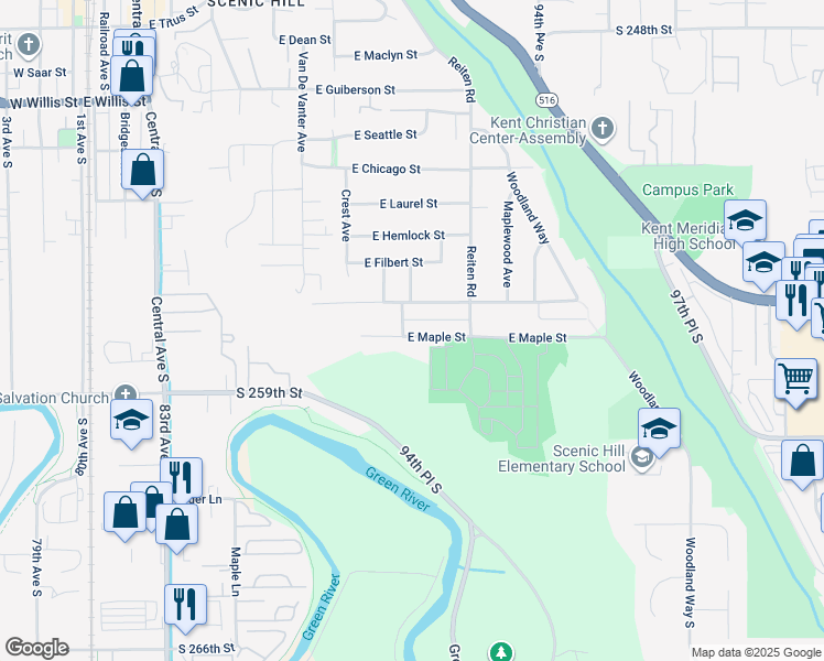 map of restaurants, bars, coffee shops, grocery stores, and more near 1015 East Maple Street in Kent