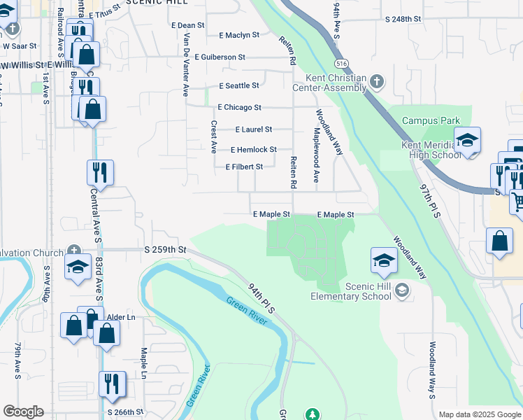 map of restaurants, bars, coffee shops, grocery stores, and more near 1015 East Maple Street in Kent