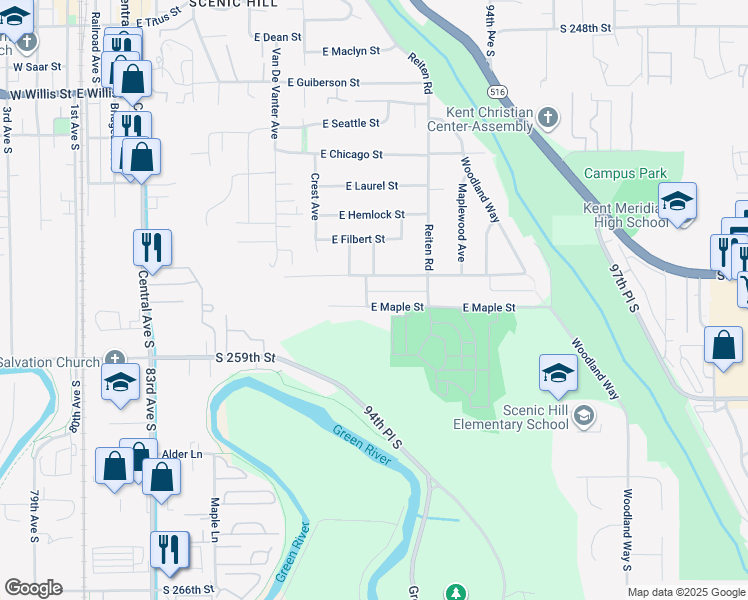 map of restaurants, bars, coffee shops, grocery stores, and more near 1015 East Maple Street in Kent