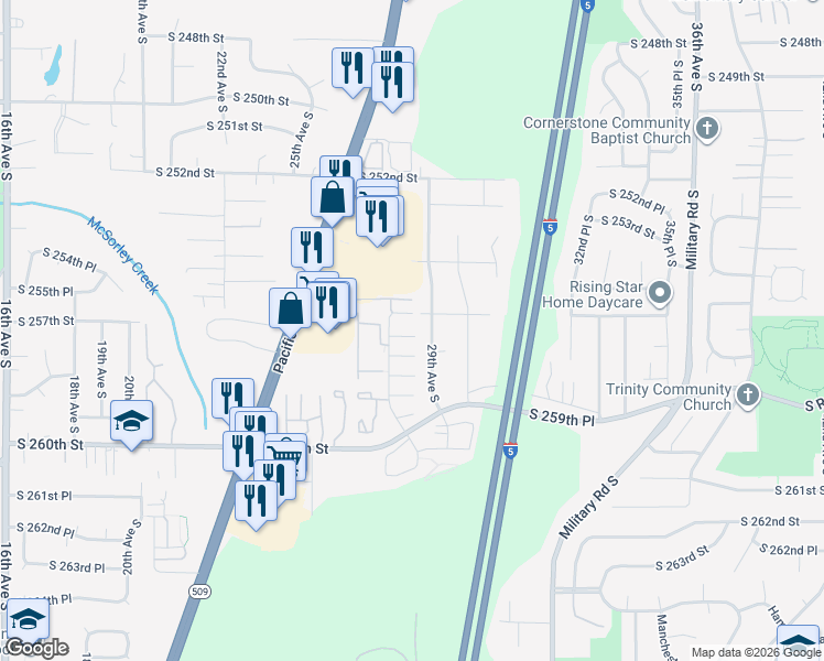map of restaurants, bars, coffee shops, grocery stores, and more near 2703 South 256th Place in Kent