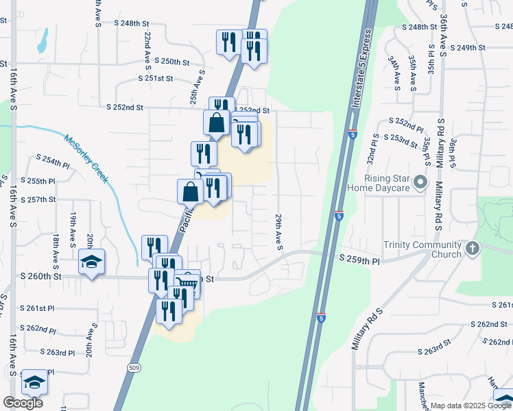map of restaurants, bars, coffee shops, grocery stores, and more near 2703 South 256th Place in Kent