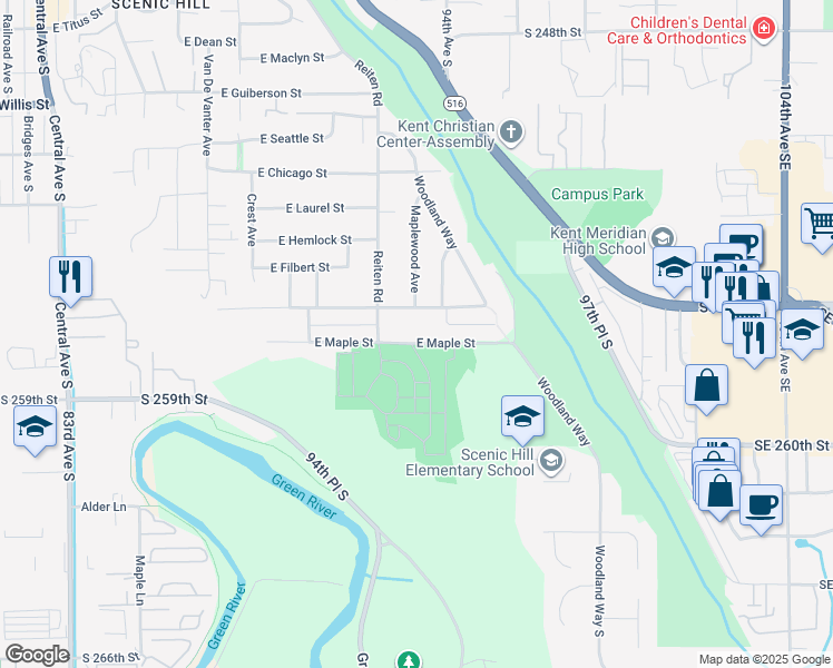 map of restaurants, bars, coffee shops, grocery stores, and more near 1335 South 257th Street in Kent