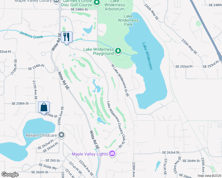map of restaurants, bars, coffee shops, grocery stores, and more near 25625 Lake Wilderness Country Club Drive Southeast in Maple Valley