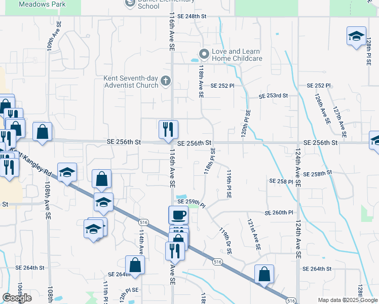 map of restaurants, bars, coffee shops, grocery stores, and more near 11631 Southeast 256th Street in Kent